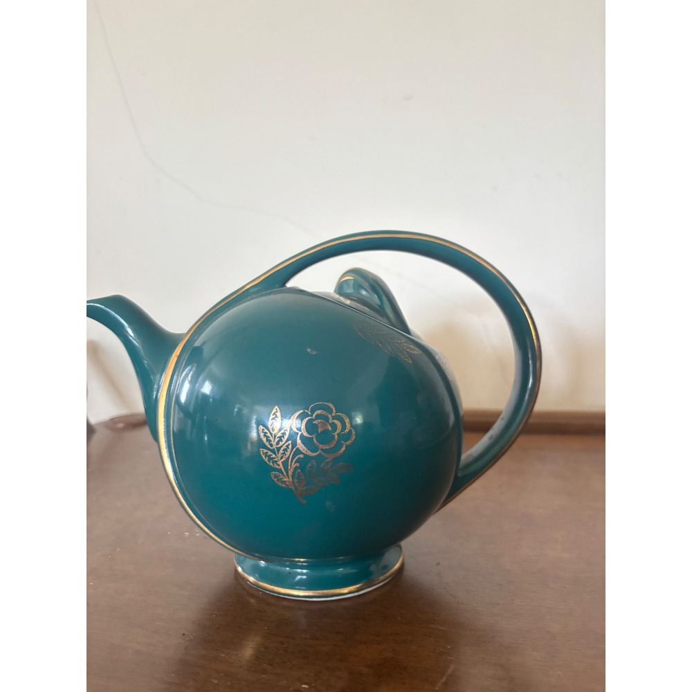 Vintage Hall China Emerald Green Gold Filigree Art Deco Mid Century Teapot - Picture 4 of 5